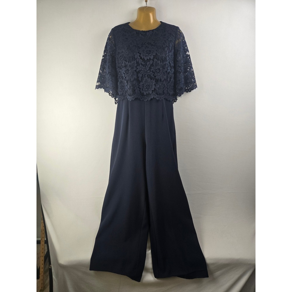 Vintage Donna Ricco Navy Blue Lace Overlay Wide Leg Jumpsuit Size 6 Evening Wear